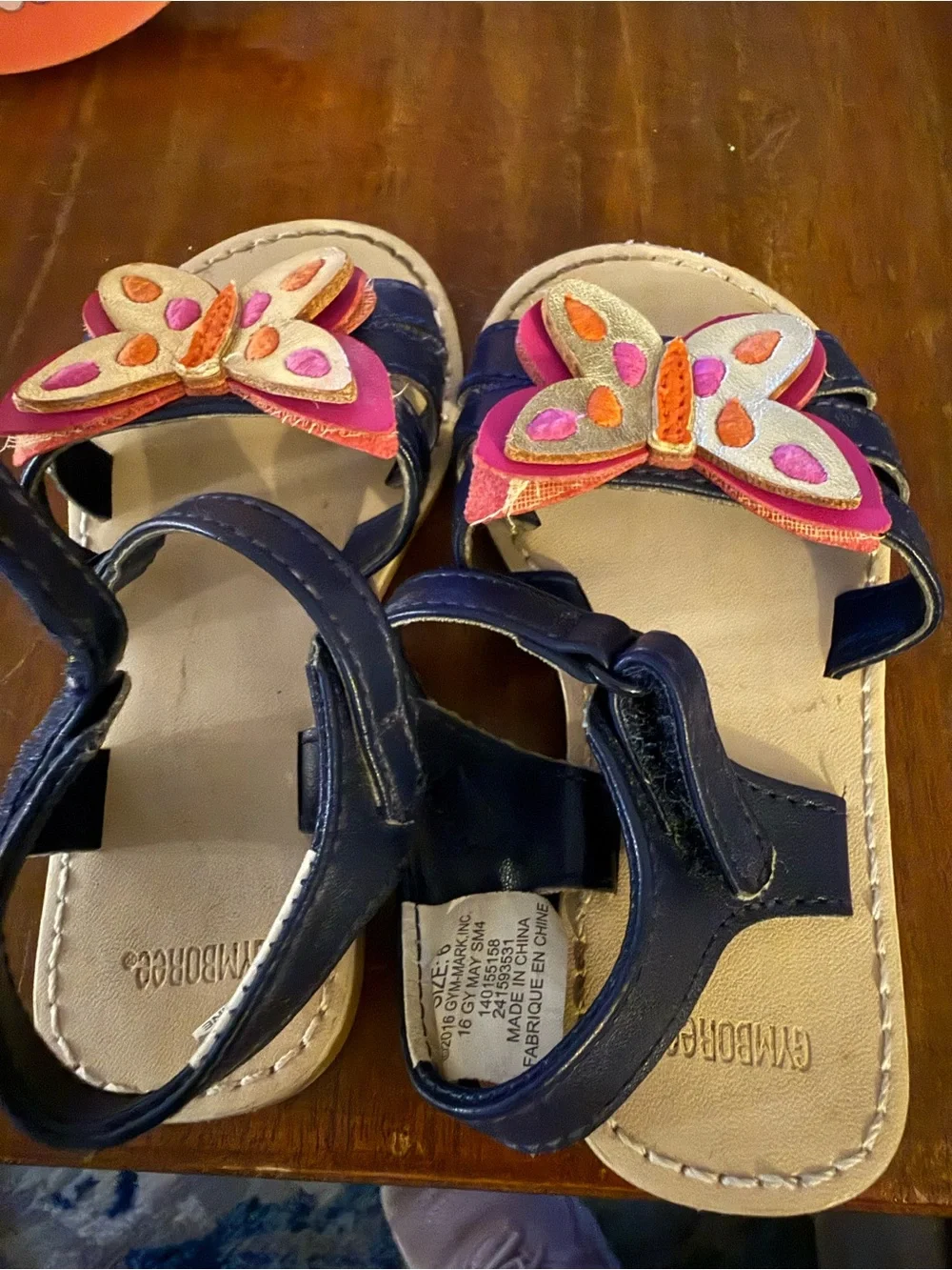 Girls Navy Butterfly Strap Sandals with Pink Accent